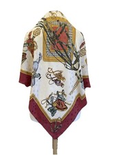 H71 Unbranded Silk Square Scarf Equestrian Chain Print Cream Red Vintage Style