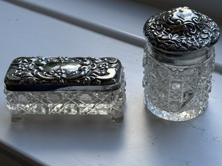 2x Cut Glass Trinket Boxes 1 Round 1 Rectangular Hallmarked Silver Lids
