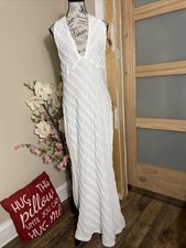 Shein White Textured Halter Maxi Dress 0XL Deep V Boho Beach Resort
