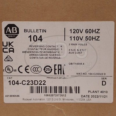 NEW AllenBradley 104-C23D22 IEC Reversing Contactor 3-Pole 2NO+2NC,23A400VAC11kW
