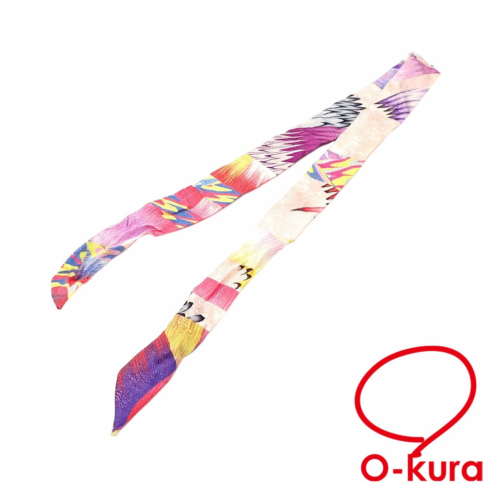 Used Hermes Scarf Twilly Doll Ladies Pink Multicolor Silk Kyoto Marble Made In J