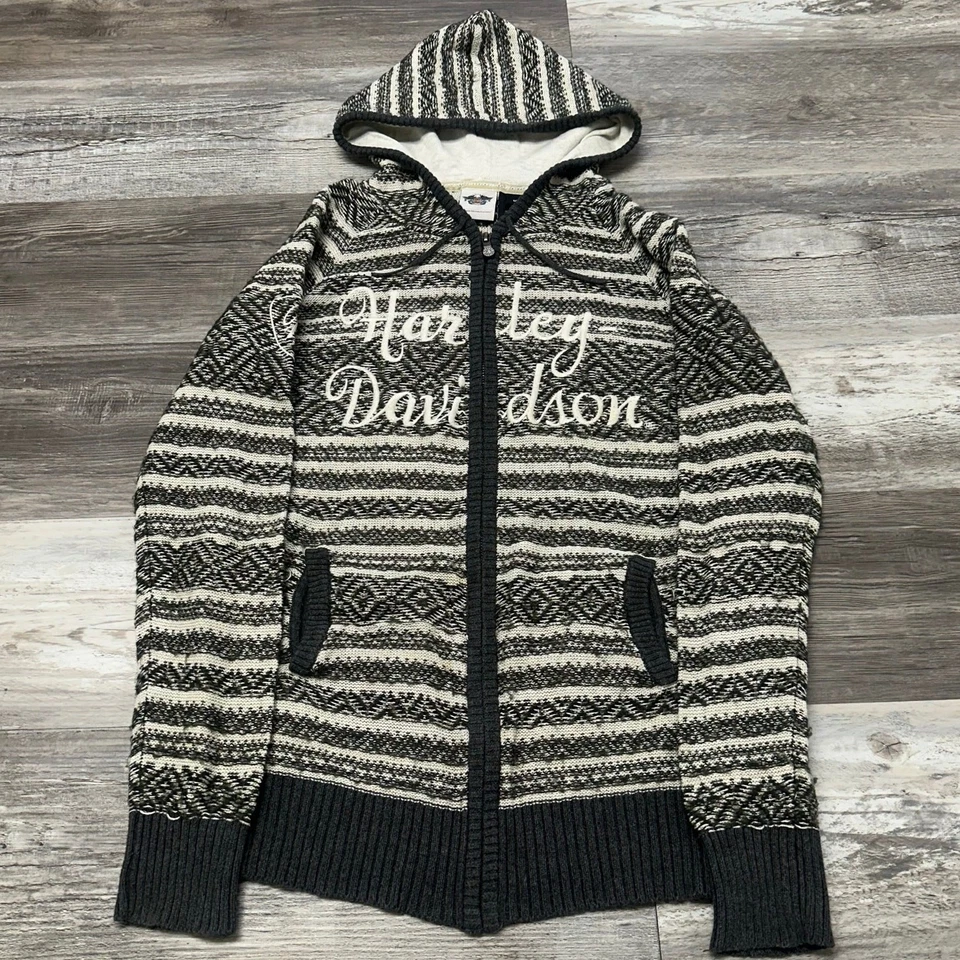Harley Davidson Gray Geometric Womens M Zip Up Reverse Fair Isle Sweater Hoodie - Image 2 of 4