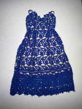 Blue Beige Crochet Floral Midi Fit & Flare Dress V-Neck Sleeveless Zip Polyester
