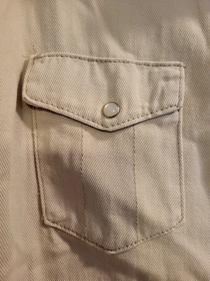 NWT 1.4.3. Story By Line Up Jean Jacket Beige Baby Doll Style Pearl Snaps Sz L - Image 2 of 4