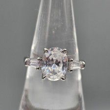CZ Engagement Ring Oval Facet Cut Side Baguettes Silver Tone Cocktail Size 6.75