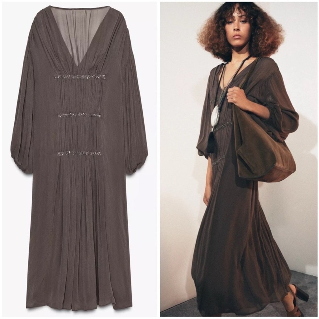 Zara Beaded Embroidered Dress ZW Collection Size S Mink Brown NWT
