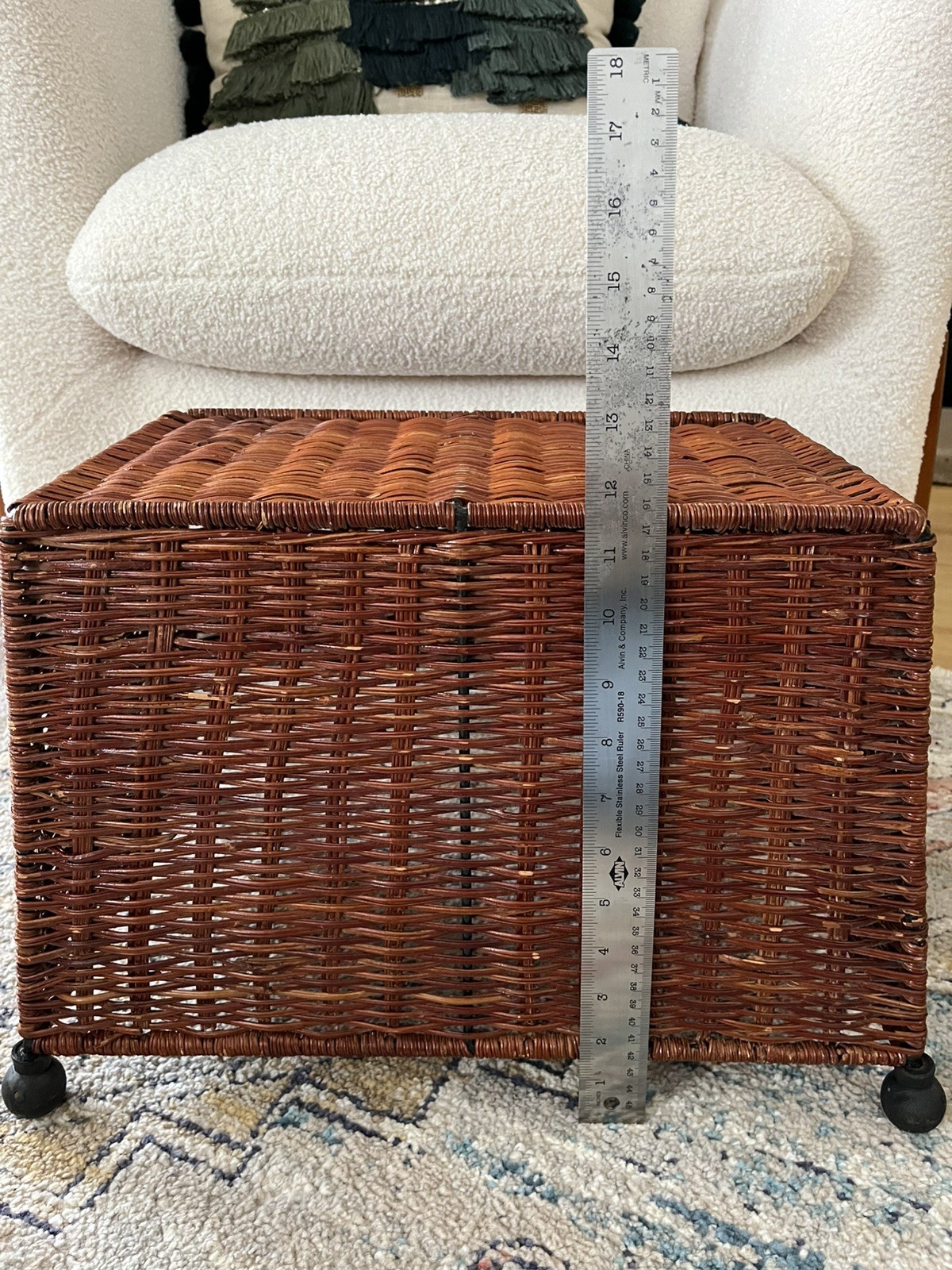 Vintage MCM Wicker Foot Rest Stool Ottoman Plant Stand With Wood Ball Feet 