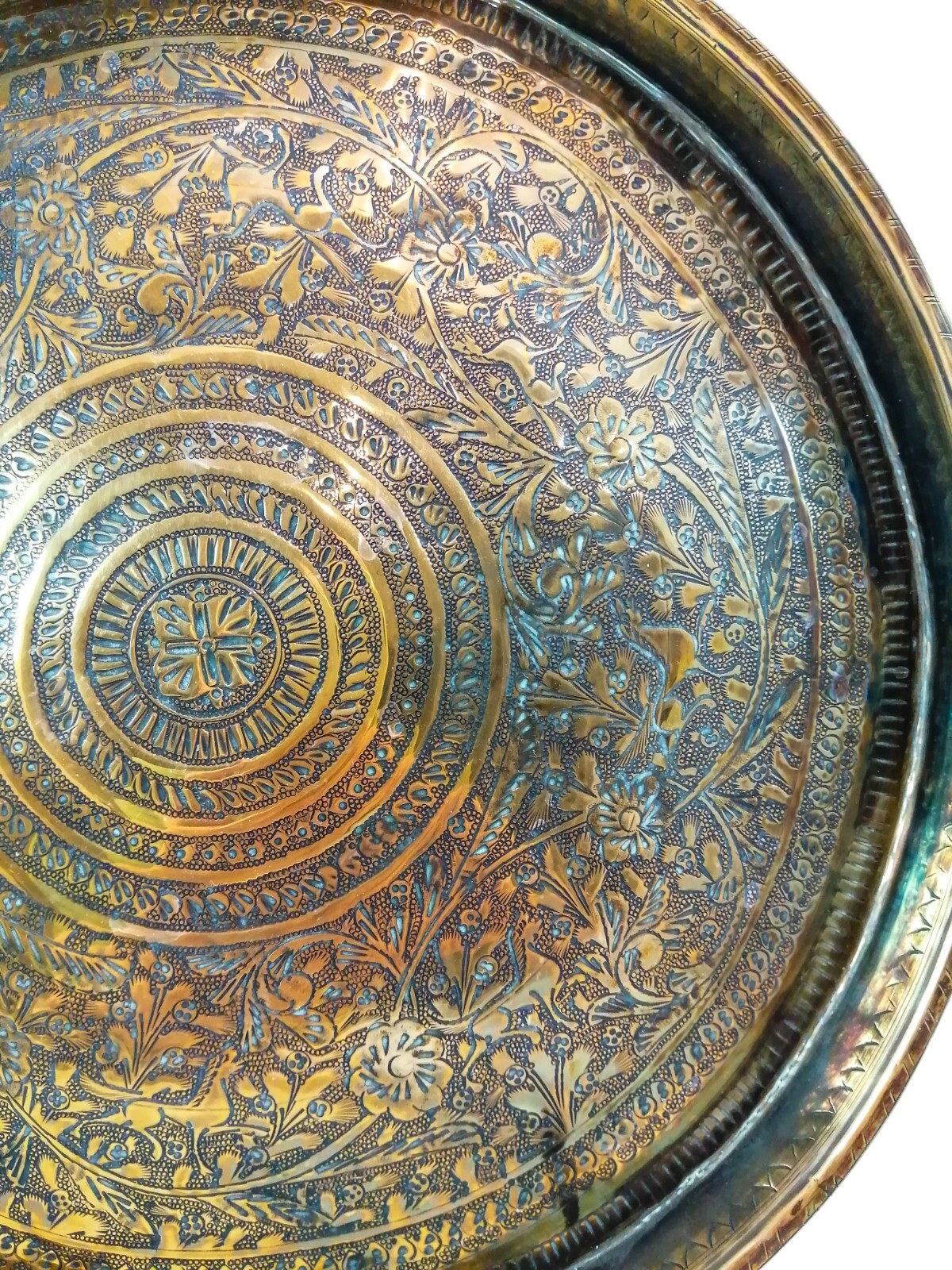 Antique Benares brass tray, made in India in the 19th century