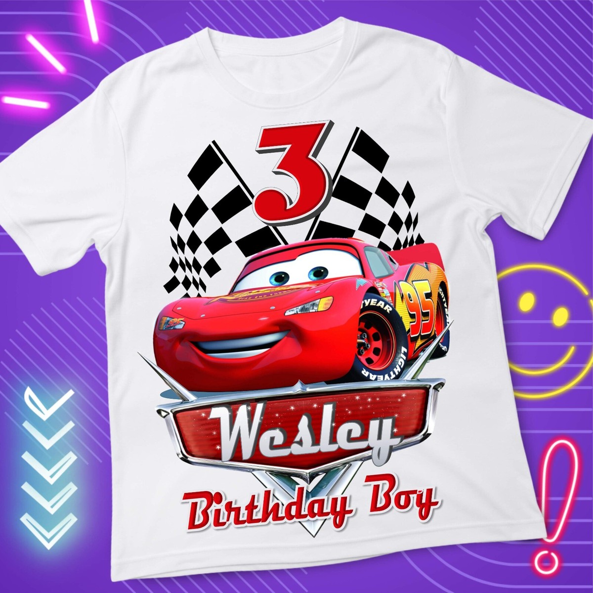 Cars Disney Lightning McQueen Birthday Custom T shirt Kids size White M005