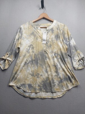 NWT Notations Blouse Top Womens Plus 3X Yellow Gray Roll Tab Sleeves Lightweight