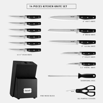 14Pcs Kitchen Knife Set w/ Wooden Block Professional Stainless Steel Chef  knife