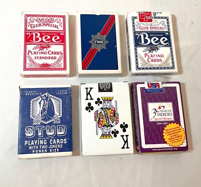 lot of 6 vintage playing cards stud bee special olympics TWA mystic Sierra deck