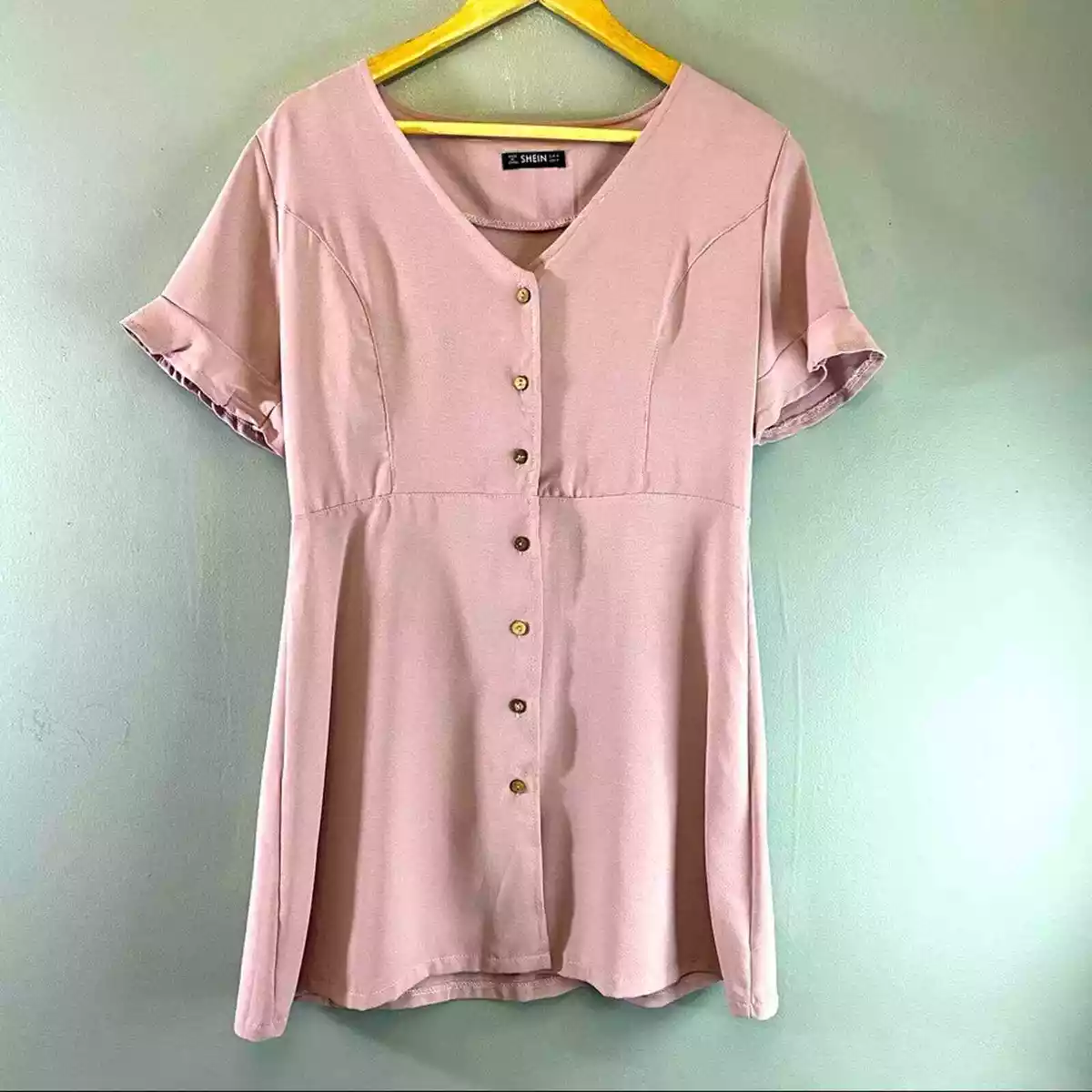 Shein light pink button down thigh length dress