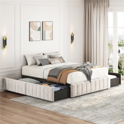 Upholstered Bed with Underbed 4 Storage Drawers, Large Storage Space, Full/Queen