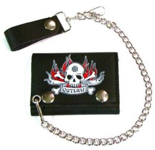 GENUINE LEATHER OUTLAW SKULL FLAME TRI-FOLD MEN WALLET W SNAP ON CHAIN GI596 NEW