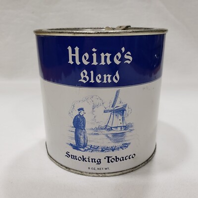 Vtg Tobacco Advertising Tin Can Tobacciana Heine's Blend Blue White Windmill 8oz