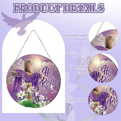 Easter Door Sign He Is Risen Hanging Decor Religious Cross Sign Easter Wreaths f - Picture 3 of 12
