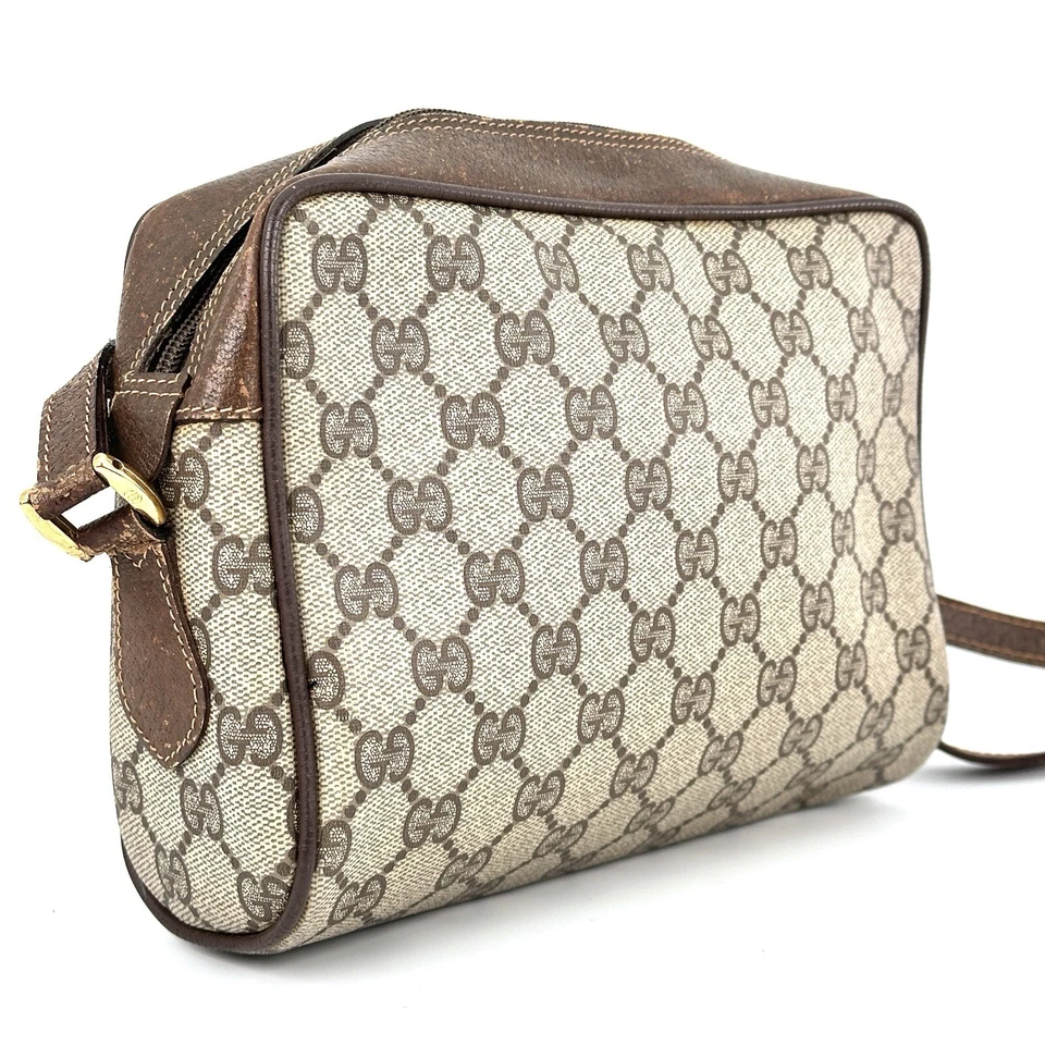 Bolsa tiracolo vintage GUCCI Sherry Line GG Supreme lona PVC couro marrom - Imagem 4 de 4