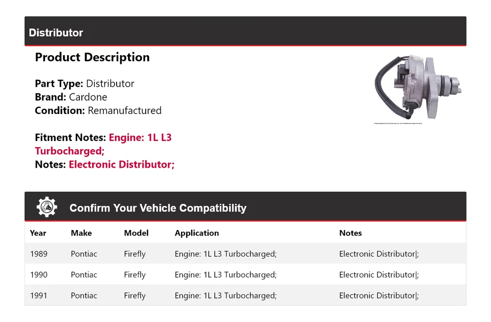 Pontiac Firefly 1989-1991 1L L3 turboalimentado distribuidor Cardone 1990 Foto 2 de 4