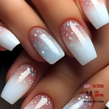 Square Press on Nails Medium Fake Nails - Blue Ombre - Glitter