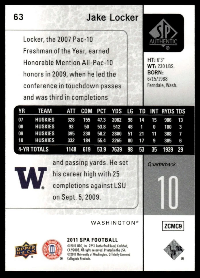 2011 SP Authentic #63 Jake Locker [GOATCARDS] - Image 2 of 2