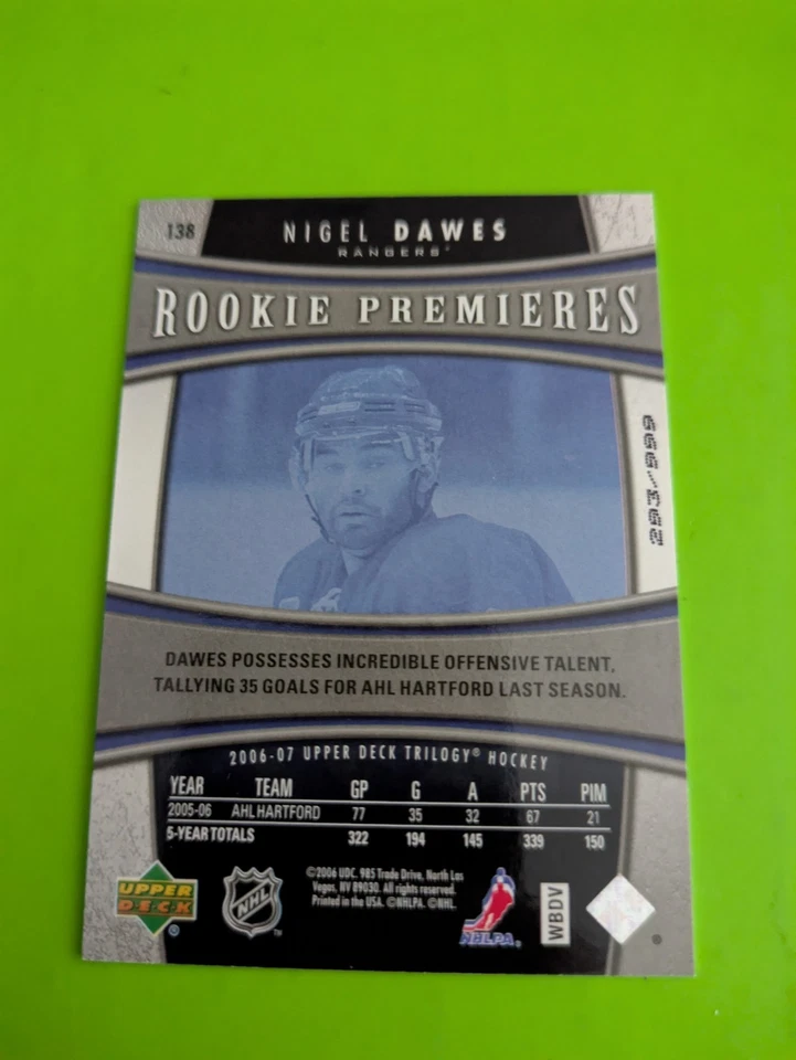 NIGEL DAWES 2006-07 UPPER DECK TRILOGY  RC UD ROOKIE  /999 #138 New York RANGERS - Image 2 of 2