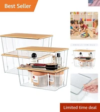 Storage Bins with Bamboo Lids Stackable Organizer Containers for Home Office