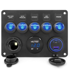 5 Gang Marine Switch Panel w/Blue Voltage Display, USB PD QC3.0, 12V Socket...
