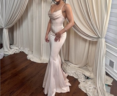 Light Pink Sleeveless Bridesmaid Gown with Fitted Bodice & Beaded Neckline  | eBay