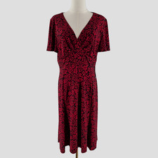 Chaps Dress Womens Large Red Black Floral Stretch Jersey Empire Fit Flare Office