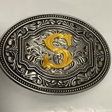 Belt Buckle Monogrammed Gold Colored  S  On A Pewter Colored Buckle 3x4