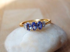 Natural Tanzanite & Genuine Diamond Ring in Gold plated Sterling Silver Size O