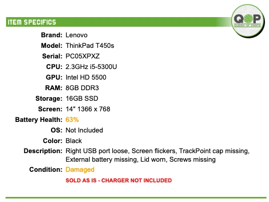 Lenovo ThinkPad T450s - 14" HD, 2.3GHz i5, 8GB RAM, 16GB SSD, SIN SISTEMA OPERATIVO Foto 2 de 4
