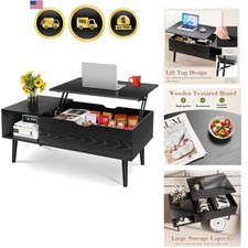 Wood Lift Top Coffee Table with Hidden Compartment and Large Storage Shelf, L...
