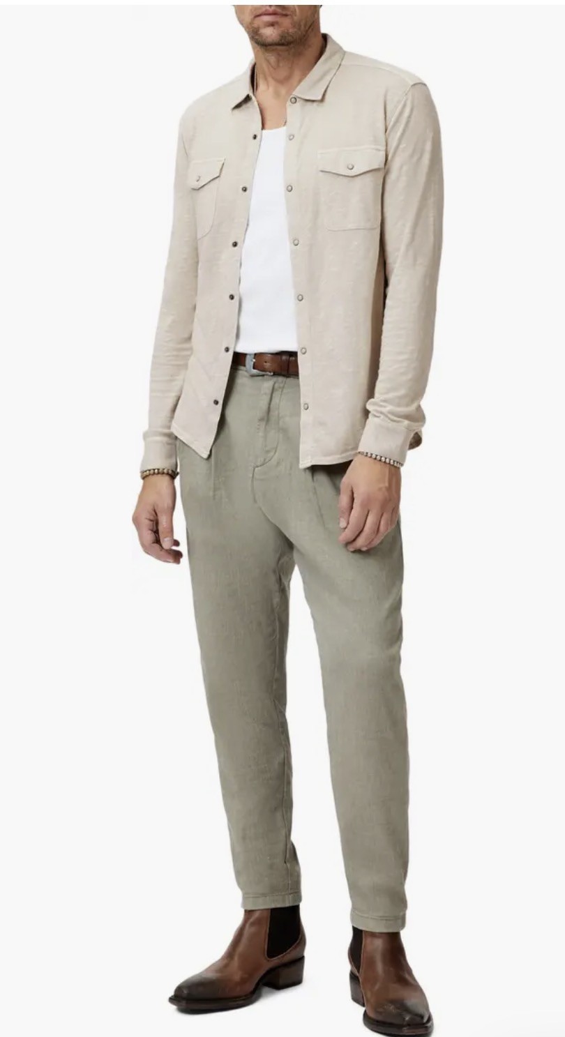 John Varvatos Avron Slub Organic Cotton Knit Snap-Up Western Shirt Sz.XL Almond