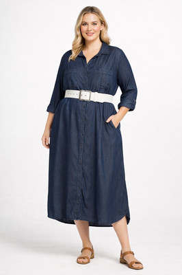 Black Tape Denim Plus Shirt Dress 2X Ink Blue Tencel Midi Boho Chic Flowy Retro