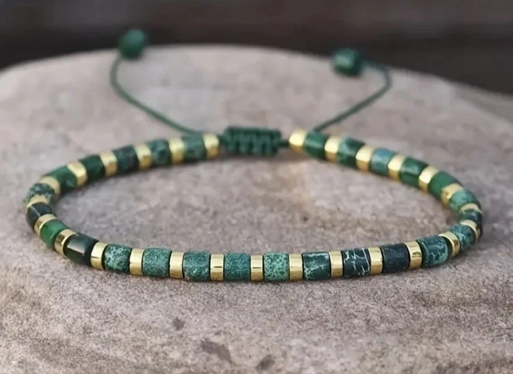 ✅ Edelstein Armband Achat Grün Natur Stein Gold Perlen Boho Unisex Verstellbar ✅ - Bild 3 von 4