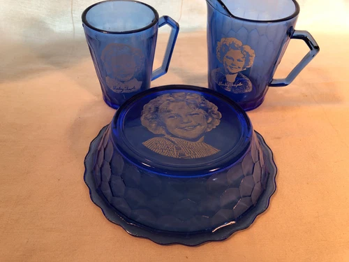Cobalt Blue Shirley Temple Cereal Bowl Mug And Cream Pitcher Depression Glass