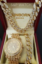 Hip Hop Iced Gold Plated Alloy Cubic Zirconia WATCH Cuban Bracelet Necklace
