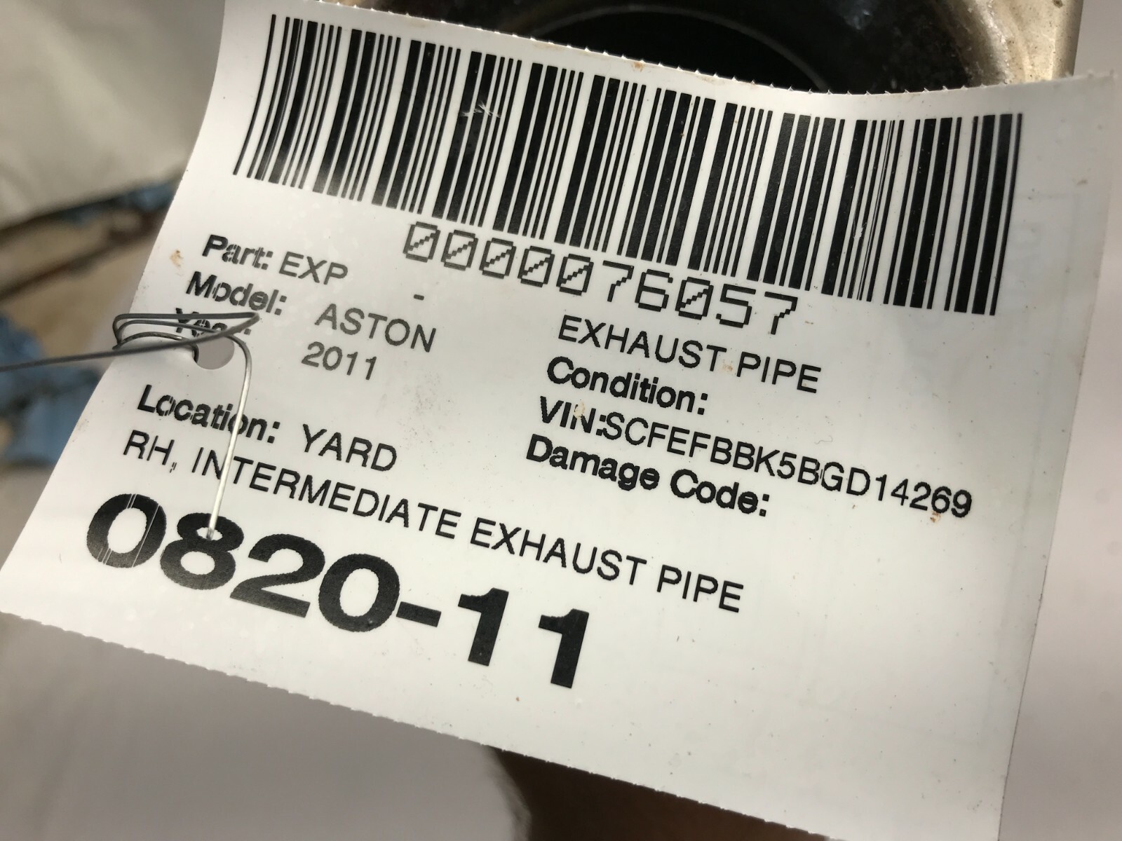 09-16 ASTON MARTIN V8 VANTAGE 4.7 EXHAUST INTERMEDIATE PIPE FRONT RIGHT RH OEM