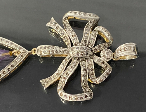 An Early 18K Gold & Silver W/ 1.75CT Diamond & Amethyst Bow Drop Pendant 74.50mm - Picture 7 of 10
