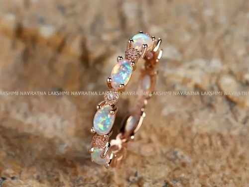 Oval Cut White Opal and Simulated Diamond Women's Half Eternity Wedding Band - Picture 3 of 6