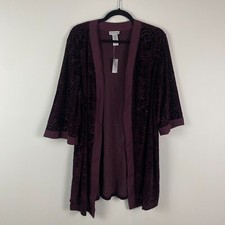 Catherines Open Front Kimono Cardigan Size 1X Floral Merlot Wine 3/4 Sleeves