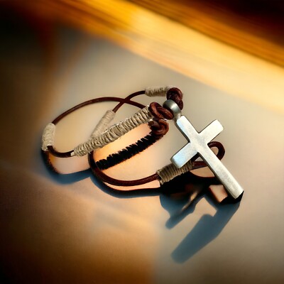 Handmade Brown Leather Hemp Surfer Necklace For Men - Adjustable Cross Choker - View #5
