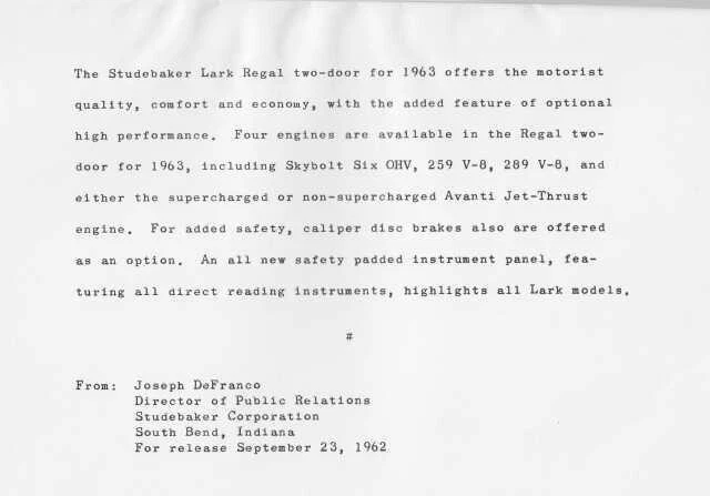 1963 Studebaker Lark Regal 2-Dr Press Photo and Release 0036 - Image 2 of 2