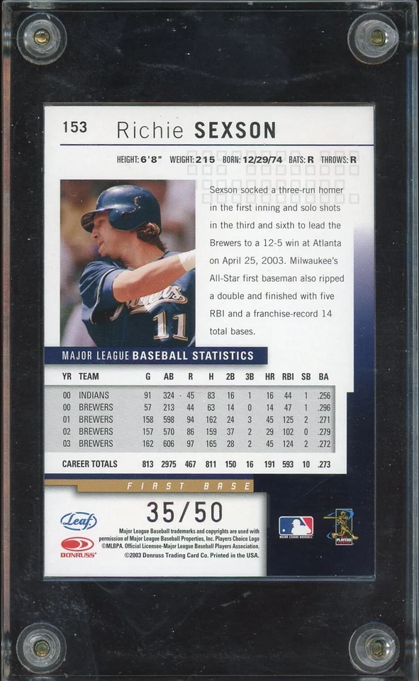 2004 LEAF RICHIE SEXSON SILVER PRESS PROOF #153 35/50 BREWERS MARINERS YANKEES - Image 2 of 2