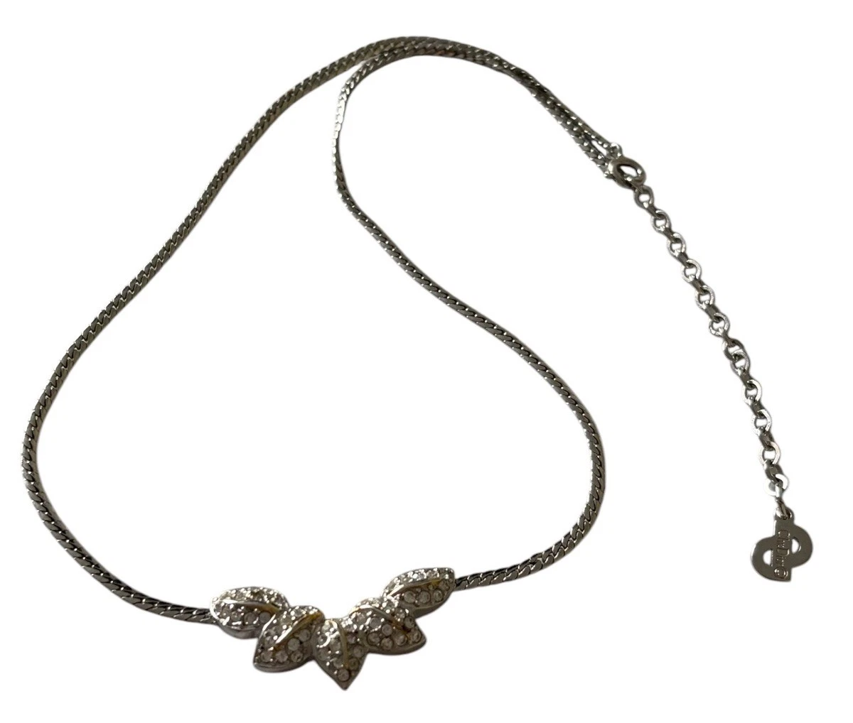CHRISTIAN DIOR (firmata) BELLISSIMA COLLANA A GRAPPOLO FOGLIE PAVÈ tono argento