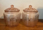 PAIR of Vtg ANCHOR HOCKING Pink Depression Glass Bee Hive Cookie Biscuit Jars 7"