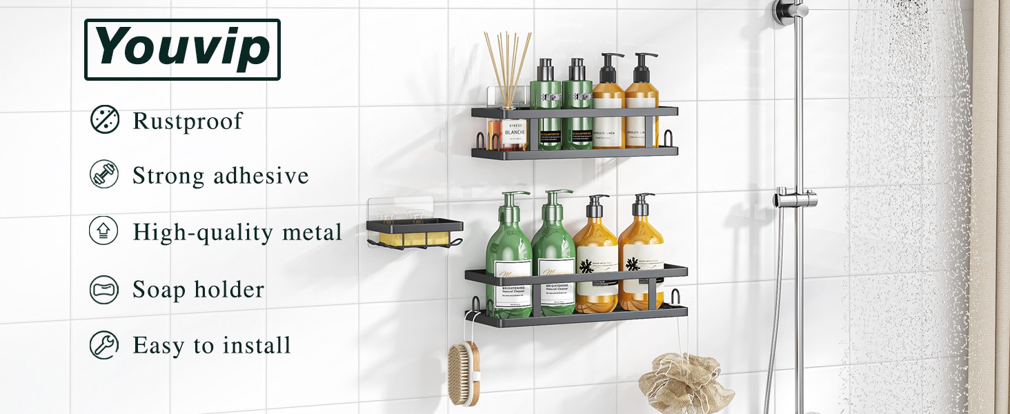 3-PC Adhesive Shower Caddy - Rustproof Shower Shelves with Soap Holder Hooks    