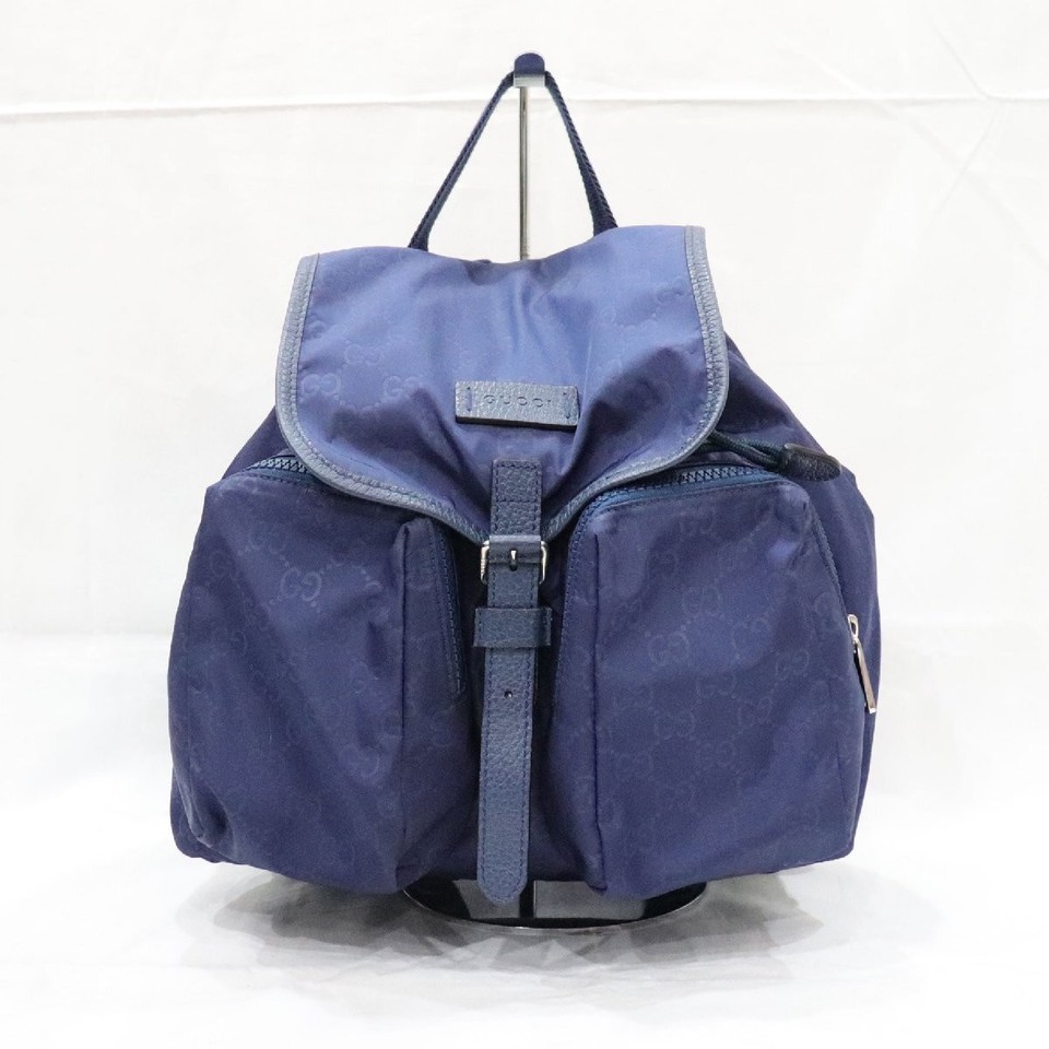 Gucci GG Nylon Backpack Navy Leather Used From Japan